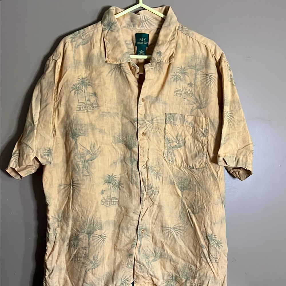 😄Vintage 100% linen vacation Hawaiian shirt Palm trees